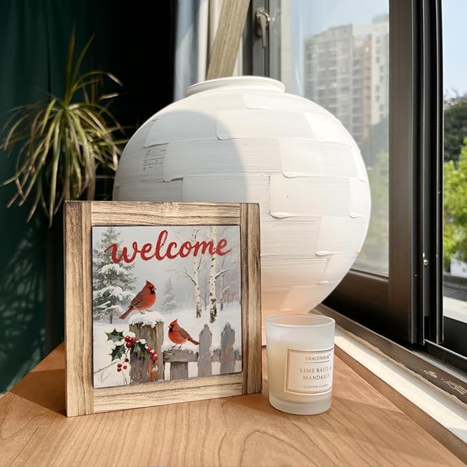 Christmas Welcome Sign, Cardinal Decors, Farmhouse Wooden Table Sign, Desk Decor Art, Winter Home Decor, Christmas Decoration for Home Office Cafe Bar Club, Front Door Porch Decors