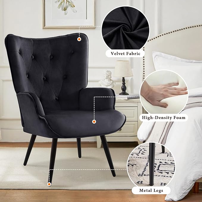 Furniliving Velvet Accent Chair with Ottoman, Upholstered Reading Chair with High Backrest, Tufted-Button Wingback Armchair for Bedroom, Dressing Room, Home Office, Black