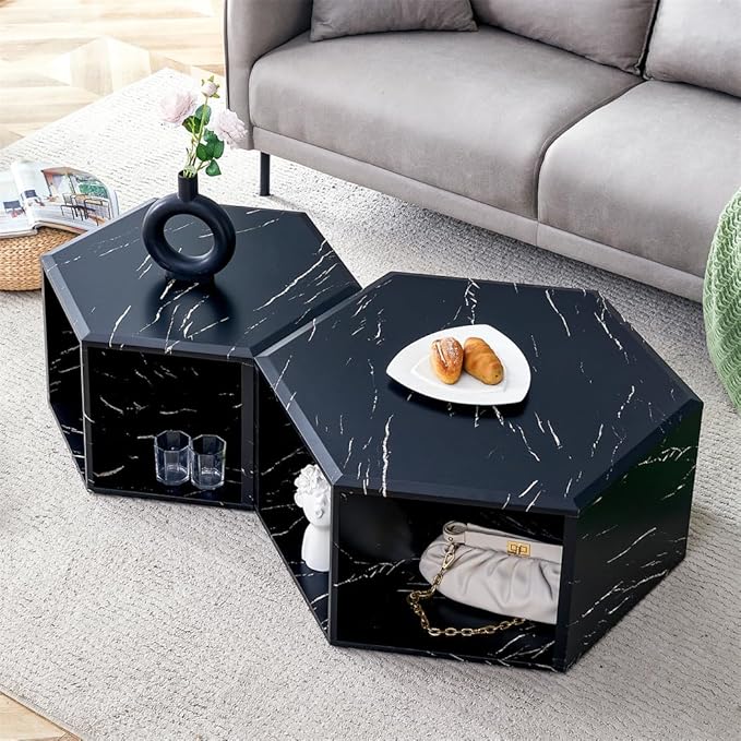 Faux Marble Coffee Table Set for 2, Modern Living Room Table Set, Black Center Table Set, No Assembly Required - Ready to Use
