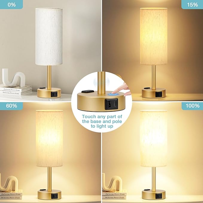 Fenmzee Gold Nightstand Bedroom Lamp - 3 Way Dimmable Bedside Lamp USB C A Charging Ports and AC Outlet, Small Table Lamp Linen Lampshade for Office Desk, LED Bulb Included