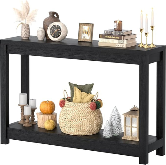 47" Farmhouse Wood Entryway Table Narrow Console Table with Storage Behind Couch Sofa Table with Shelves for Entry Way with Open Storage, Easy Assembly, Embossed Wood Grain Black