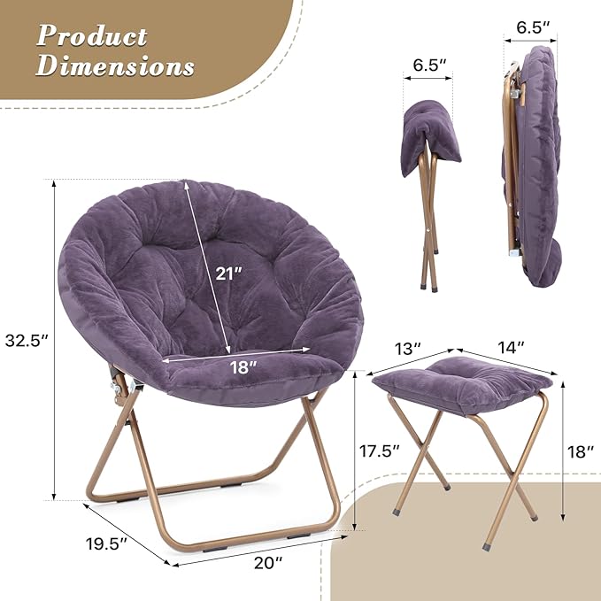 Athena Collection Saucer Chair with Ottoman - Modern Foldable Round Cozy Chair - Purple Faux Fur - 300 lbs Capacity - Ideal for Bedroom, Living Room, Gaming, Reading, Camping