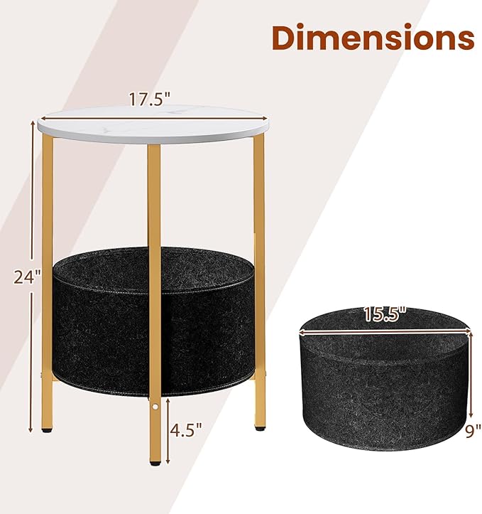 Giantex Round End Table, Small Side Table with Removable Fabric Basket, Modern Bedside Table with Metal Frame, Sofa Couch Accent Table for Small Space Living Room, Nightstand for Bedroom, White