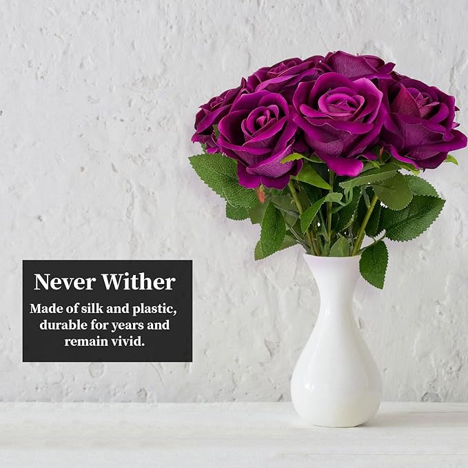 10 PCS Artificial Roses with Long Stems Silk Flowers Realistic Foam Flowers Fake Roses for Valentine's Day Home Wedding Halloween Decor(Rose Purple)