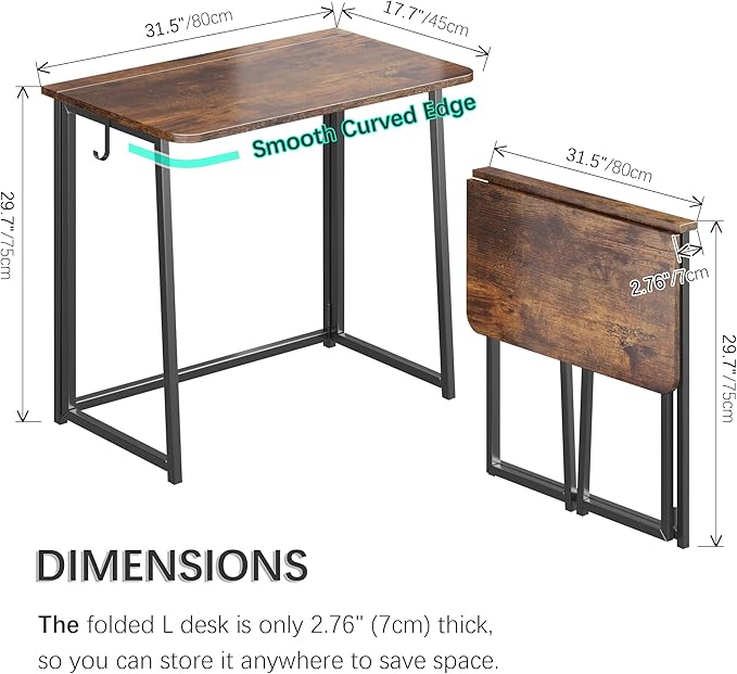 4NM 31.5" Small Folding Desk, Foldable Computer Home Office Desk, Study Writing Table for Small Space Saving Bedroom, Easy Assembly - Rustic Brown and Black