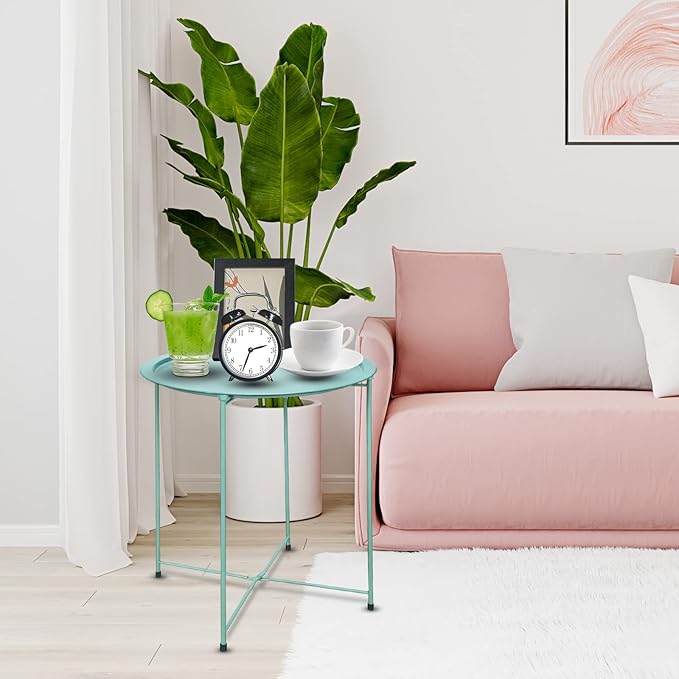 VILAWLENCE Metal End Table Side Table Round Folding Tray Small Accent Fold-able Side Table Tray,Outdoor Side Next to Sofa Table, Snack Table for Living Room and Bed Room 18.5 in (Green)