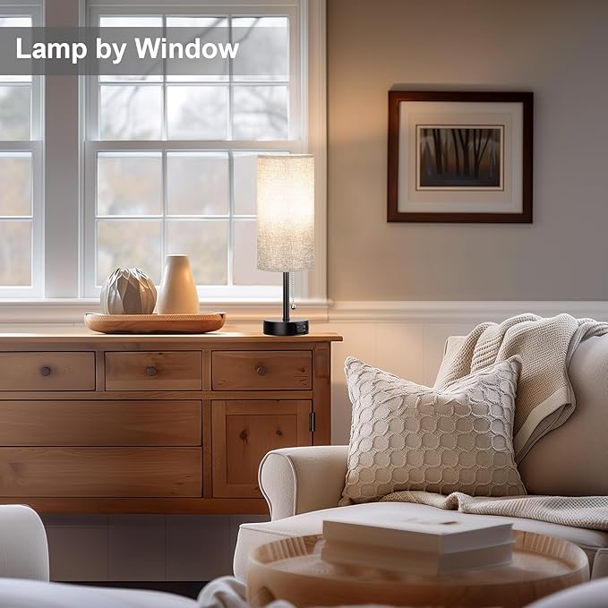 Grey Bedside Lamp for Bedroom Nightstand - Small Table Lamp with USB A + C Charging Port, 3 Color Temperatures Pull Chain Night Stand Light with Bulb, Side Table Desk Reading Lamp for Living Room/Dorm