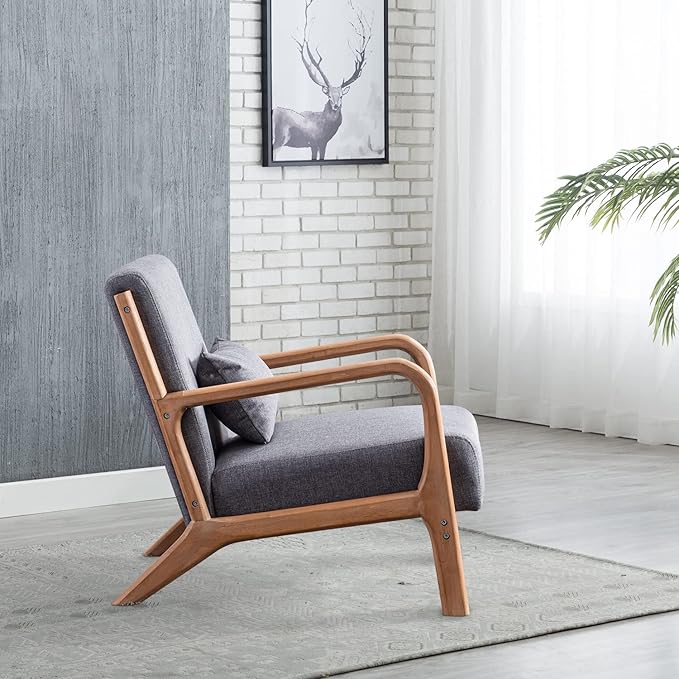 INZOY Mid-Century Modern Accent Chair Set of 2, Dark Grey Living Room Chairs with Waist Cushion, Upholstered Reading Armchair for Bedroom Sunroom