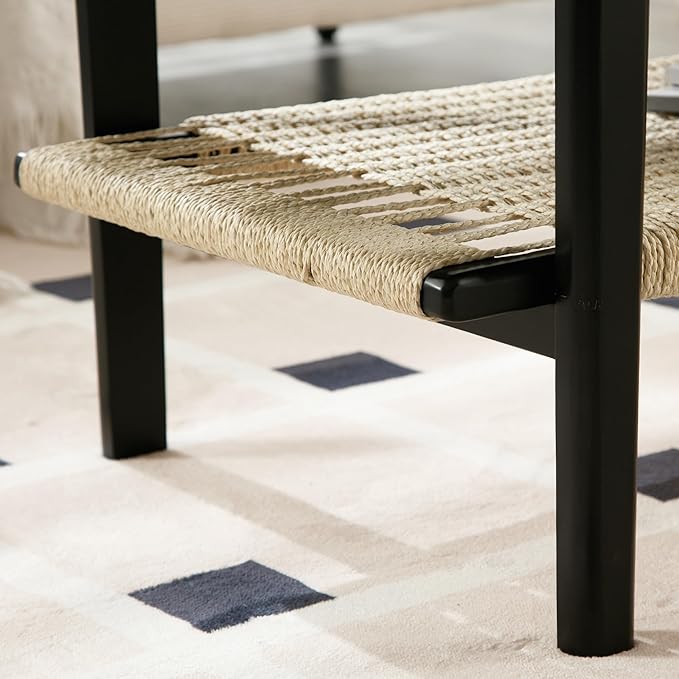 Farmhouse Coffee Table with Rattan Storage Boho Mid Centry Modern Center Table with Under Shelf Wood Living Room Table with Woven Shelf Underneath for Living Room Lounge, Black