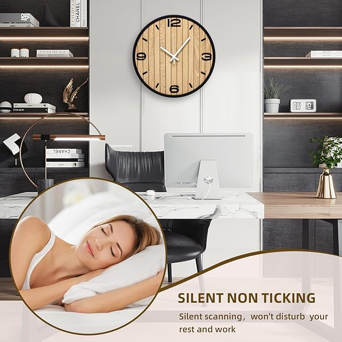 10 Inch Round Wall Clock Battery Operated Wooden, Non-Ticking Quartz Decorative Analog Clocks for Apartment, Living Room, Bedroom, Hallway, Classroom - Easy to Install & Read