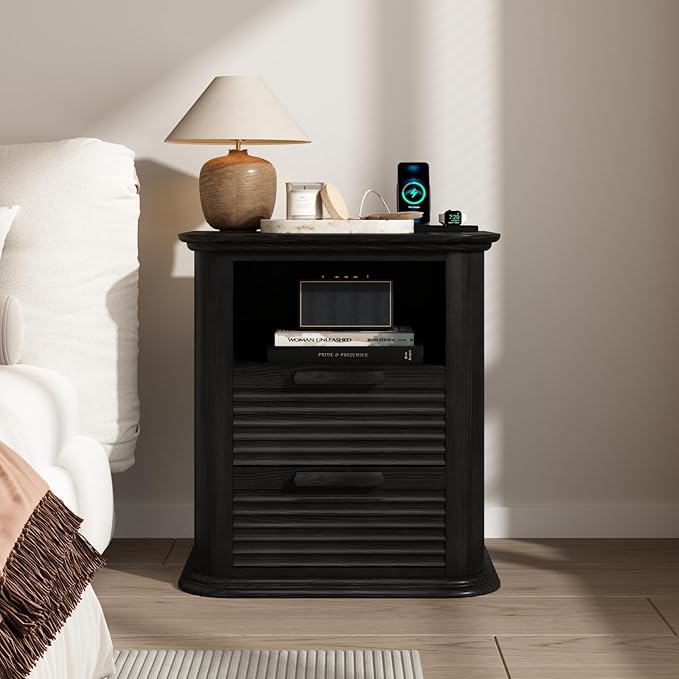 22'' Fluted Nightstand with Charging Station Set of 2, Modern End Table with 2 Drawers and Open Storage, Wood Night Stand with Round Corner, Side Table for Bedroom, Living Room, Curved Profile,Black