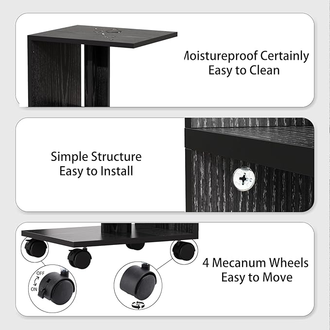 Night Stand with Charging Station, Small Side Table for Couch, USB Ports and Outlet, End Table with 3-Layer Storage Shelves for Small Spaces, Living Room, Bedroom, Bedside (Black)