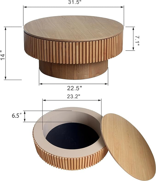 31.5 Inch Round Drum Coffee Table with Storage, Handcraft Fluted Drum Coffee Table, Modern Wooden Round Coffee Table Center Table with Sturdy Pedestal for Living Room Apartment (Natural)