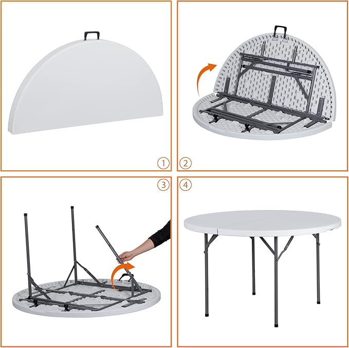 ZenStyle Folding Table, Indoor Outdoor Portable Plastic Dining Card Table Utility Table for Camping Dining Event Party, White (Round, 48"x48")