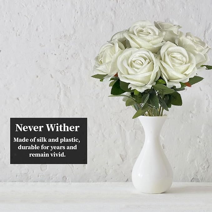 10 PCS Artificial Roses with Long Stems Silk Flowers Realistic Foam Flowers Fake Roses for Valentine's Day Home Wedding Halloween Decor(White)