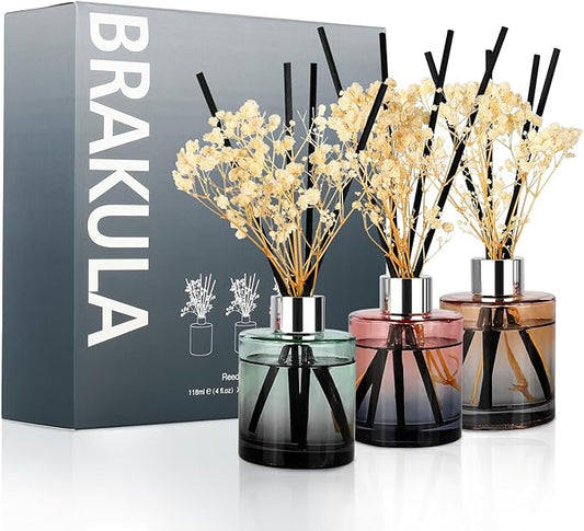 Brakula 3 Pack Reed Diffuser, Oil Diffuser Sticks, White Jasmine, Eucalyptus&Wild Mint, Lavender Vanilla, (4 fl oz Each Pack), Home Fragrance with 18 Stick, Shelf Decor, Reed diffusers for Home