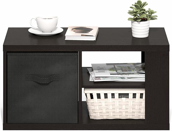Furinno Viola Coffee Table, 3-Tier Modern Coffee Table with 1.2" Thick Tabletop, Side Table with Open Shelf and Storage Bin, for Living Room, Bedroom, Home Office, Dark Oak