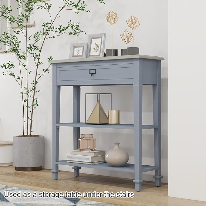 kinbor Skinny Console Table - Narrow Sofa Tables with Drawer and Storage Shelves for Front Door Entryway Hallway Living Room, Grey