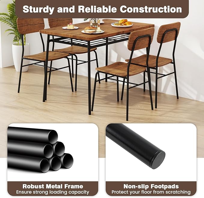 GOFLAME 5-Piece Dining Table Set for 4, Wood Rectangular Kitchen Table & Chairs Set with Metal Frame, Storage Rack, Space-Saving Industrial Dinette Set for Dining Room, Living Room, Breakfast Nook