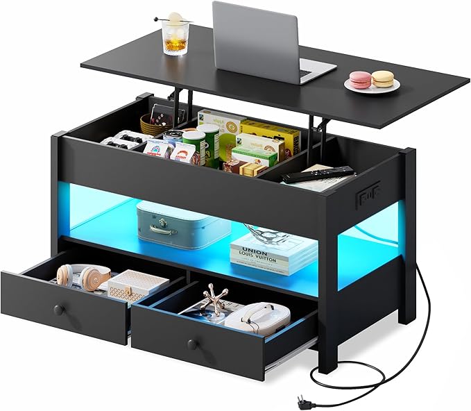 WLIVE Coffee Table, Lift Top Coffee Table with 2 Drawers, LED Light, Large Hidden Compartment and Open Shelf, Lift Tabletop, Dining Table for Living Room, Black