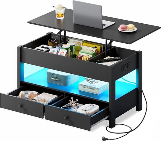 WLIVE Coffee Table, Lift Top Coffee Table with 2 Drawers, LED Light, Large Hidden Compartment and Open Shelf, Lift Tabletop, Dining Table for Living Room, Black