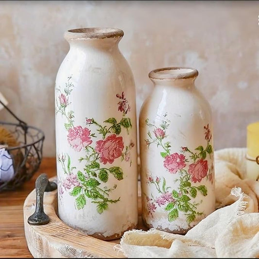 Vintage Rose-Flower Small Ceramic Vase Set, Retro Rustic Cute Flora Vase Gift, Art Décor for Your Home, Kitchen, Bedroom, Office, Living Room, Bathroom & Shelf Centerpiece Table Decorations
