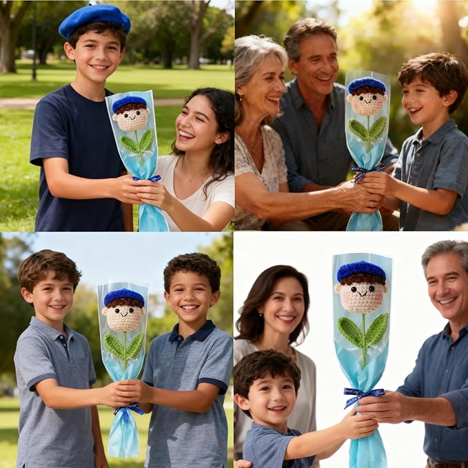 Crochet Handmade Flower Doll Bouquet Gift for Him, DIY Knitted Gifts for Home Office Desk Decor, Gift Ideas for Son Boy Boyfriend