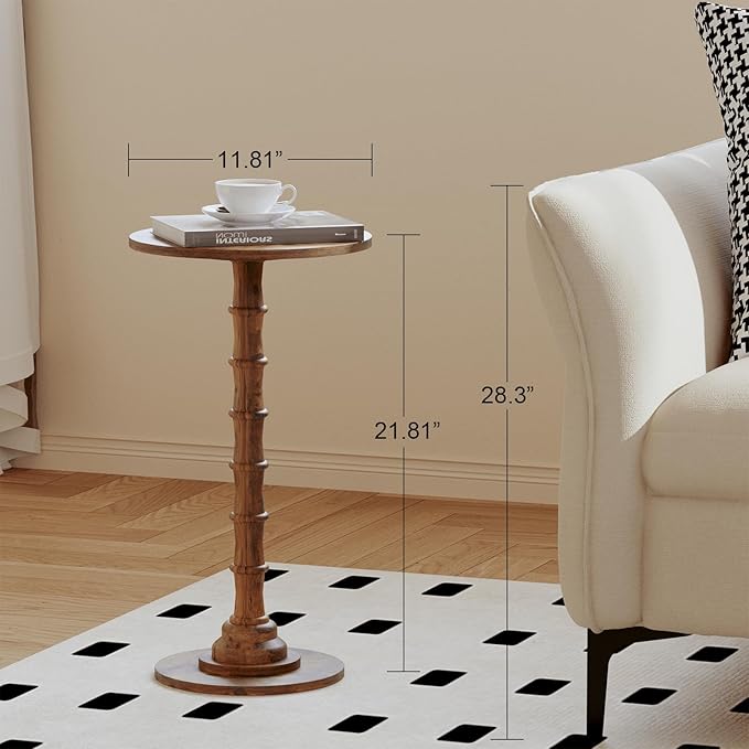 Round Side Table, Modern Drink Table for Small Spaces, Small End Table with Solid Wood Leg for Living Room, Bedroom, Corners, and Office (Rustic Brown)