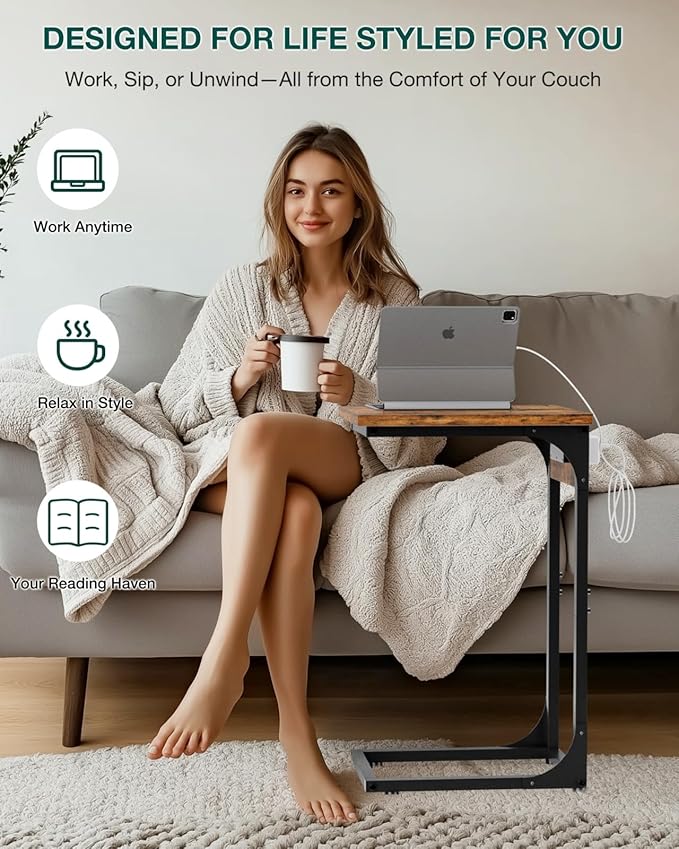 C-Shaped Side Table for Couch - Small Coffee Stand Sofa Tray Desk with Metal Frame Waterproof Scratch Resistant Wood Top and Built-in Charging Station, Rustic Brown