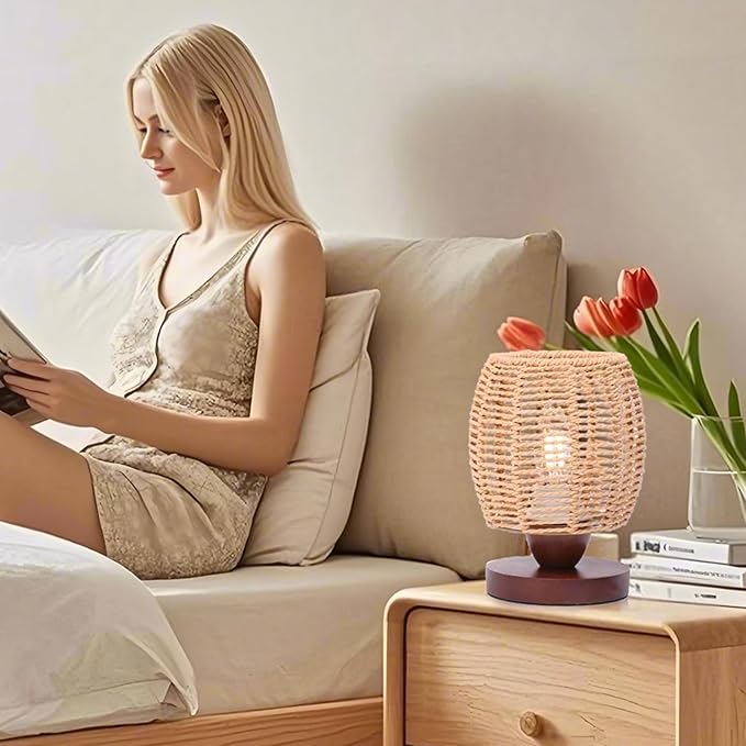 Rattan Table Lamp,Boho Small Beside Lamp,Farmhouse Table Lamp for Room Decor,Vintage Wicker Wooden Nightstand Bamboo Woven End Table Lamps for Bedroom Living Room Desk Kids Room,LED Bulb Included