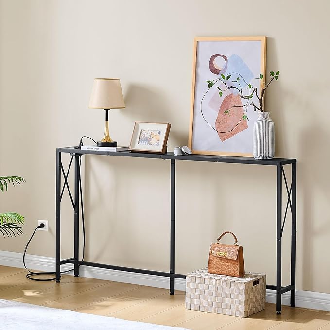 55.1" Narrow Sofa Table, Console Table with Oulets & USB Ports, Entryway Table, Industrial Couch Table for Hallway, Living Room, Bedroom, 6.5 Feet Power Cord,Black