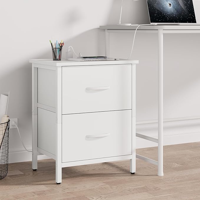 Vagusicc Nightstand Set of 2 with Charging Station, End Table Bedside Table with Power Outlet & USB Ports, Side Table with 2 Fabric Drawers for Bedroom, Living Room, White