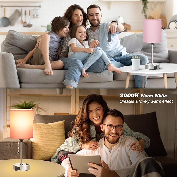 Pink Bedroom Lamp for Bedside - 3 Color Temperatures Desk Lamp with USB C and A Ports, Pull Chain Table Lamp with AC Outlet, Nightstand Lamp with Silver Metal Base for Kids Girls