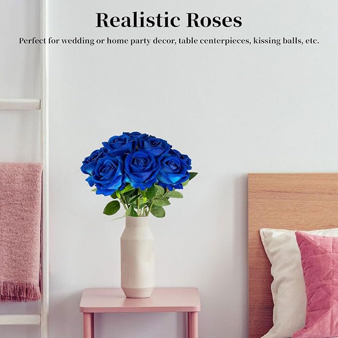 10 PCS Artificial Roses with Long Stems Silk Flowers Realistic Foam Flowers Fake Roses for Valentine's Day Home Wedding Halloween Decor(Blue)