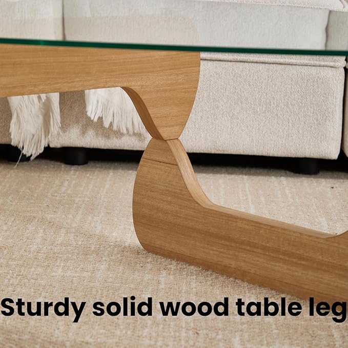 DUOMAY Modern Triangle Glass Coffee Table, 16 Inch High Glass Top Abstract Small End Table with Solid Natural Wood Base, Tea Table Suitable for Living Room, Office, Patio, Apartment, Brown Wood