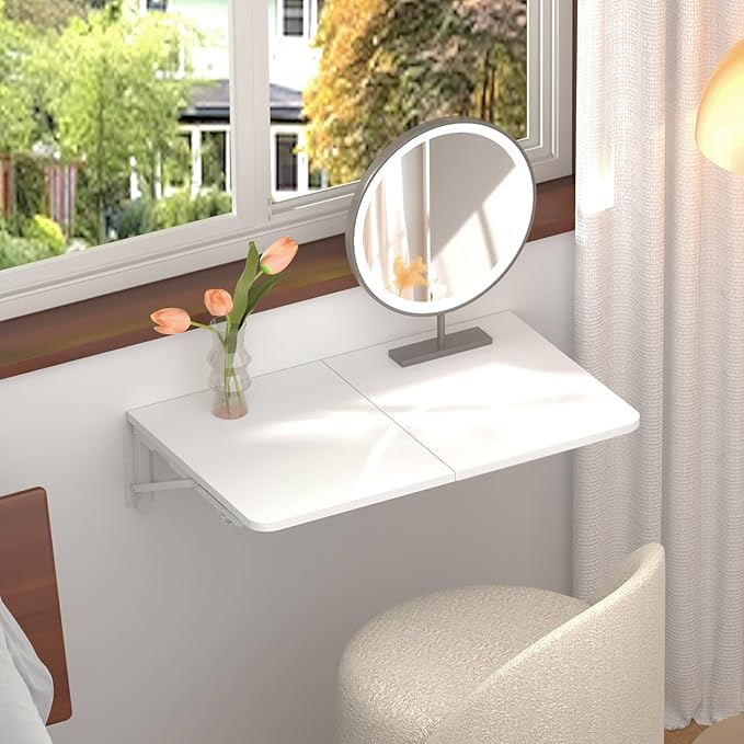 TEAMIX Wall Mounted Folding Table, White Floating Desk for Small Spaces Laundry Shelf with Heavy Duty Brackets Floating Desk for Garage, Utility Room, Kitchen, Laundry Room