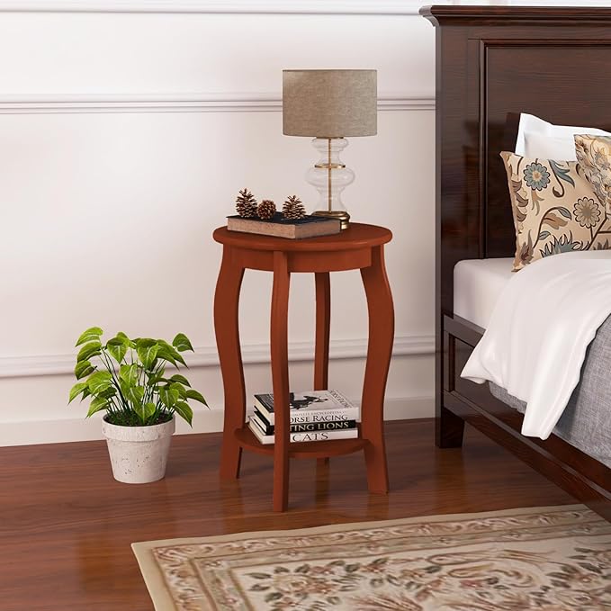 Giantex Round End Table, Wooden Side Table with Storage Shelf, Small Nightstand with Solid Wood Legs, 2-Tier Accent Table for Living Room Bedroom (1, Walnut)