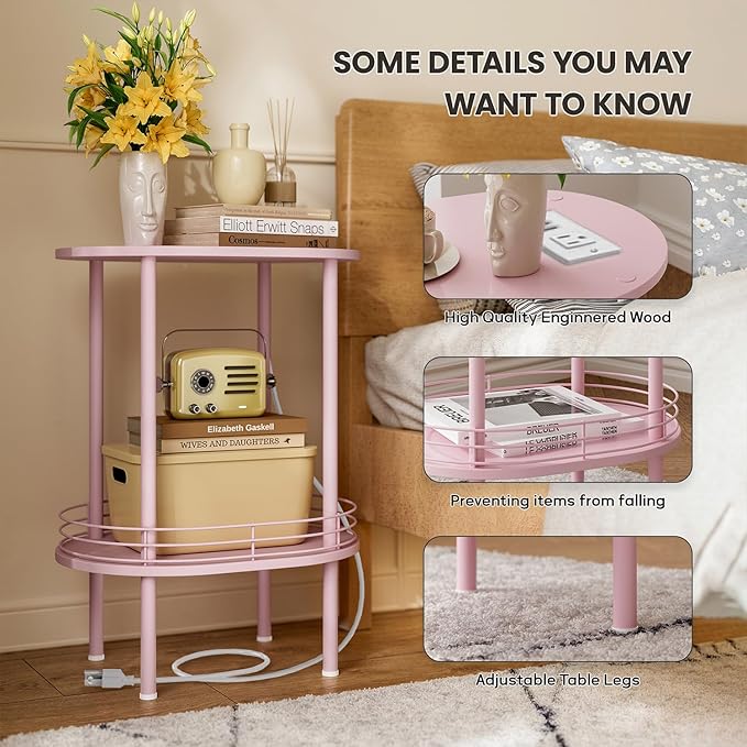 Small Round Side Table with Charging Station,Bedside Table with 2 USB Ports and Outlets, Morden Round Nightstand, Samll Side Table for Living Room,Bedroom, Nursery, Laundry, Pink