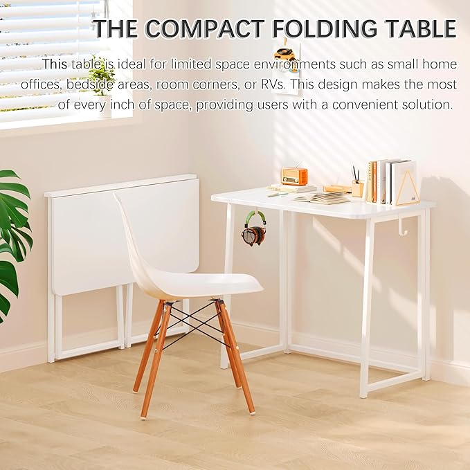 4NM 31.5" Small Folding Desk, Foldable Computer Home Office Desk, Study Writing Table for Small Space Saving Bedroom, Easy Assembly - All White