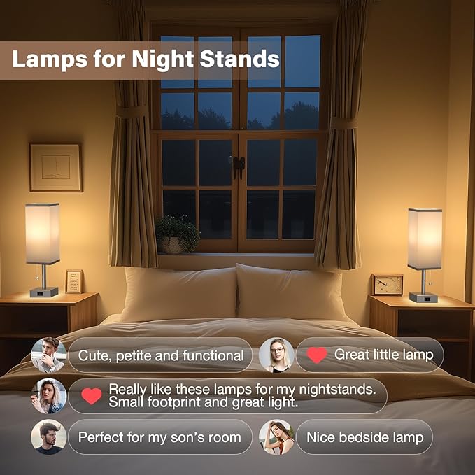 Fenmzee Grey Bedside Table Lamps for Bedroom Set of 2 - Small Rectangular Nightstand Lamp with AC Outlet Charging Port, 3 Color Temperatures Light, Tabletop Reading Lamp for Living Room/Dorm/Office