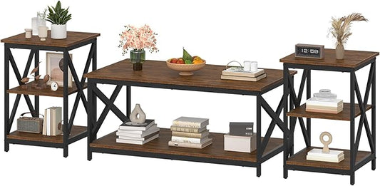 Bigbiglife Living Room Coffee Table Set of 3, Industrial X-Design Coffee Table and 2 End Side Tables, 3 Piece Living Room Table Set with Large Storage for Apartment Home (Dark Rustic Brown)