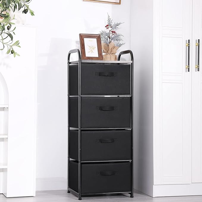 MAX Houser 4 Drawer Fabric Dresser Tall Storage Tower, Dresser Chest with Wood Top, Vertical Nightstand Side Organizer Unit with Metal Frame for Closets Bedroom Nursery Room Hallway(Black)