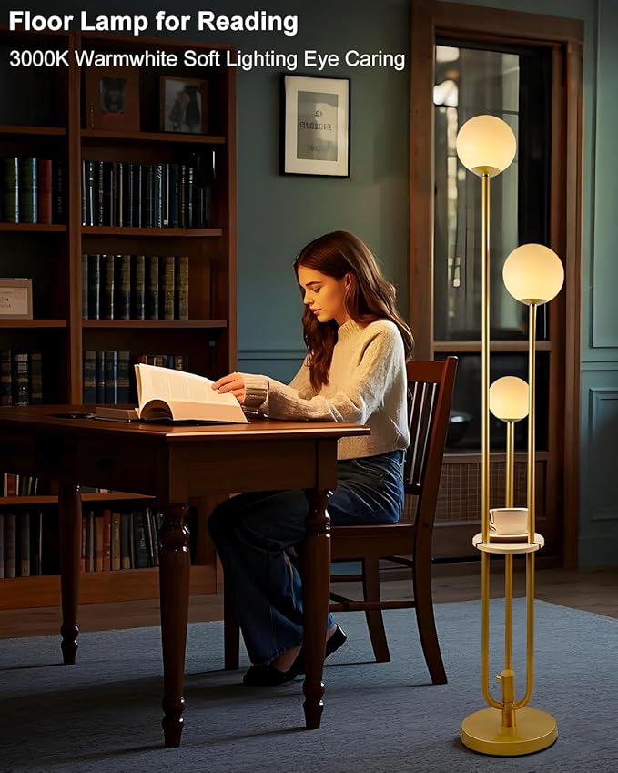 Lightdot Gold Globe Floor Lamp 3-Lights Dimmable Floor Lamps with Tray 3000K Bulbs Included Unique Floor Lamp Candle Holder Style Modern Standing Lamps for Living Room/Bedroom