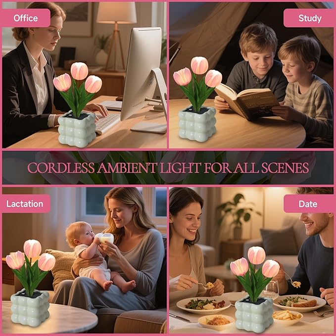 Tulip Table Lamp, Touch Stepless Dimming Night Light, USB Rechargeable Small Desk Lamp, LED Tulip Artificial Flower Lamp Aesthetic for Bedroom Home Living Room Decor (Pink Tulip - USB)