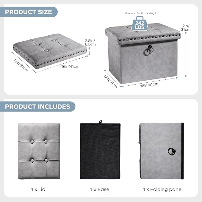 Storage Ottoman Cube 16in, Small Faux Leather Tuffed Foot Rest Stool with Rivet Design, Foldable Ottomans Footstool, Box Chest for Bedroom, Entryway, 16x12x12inches Grey, Load 242 lb, Grey