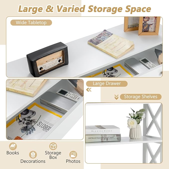 GOFLAME 39" Console Sofa Table with Drawers, 3-Tier Narrow Entry Table with Storage Shelves for Living Room Behind Couch, Entryway, Hallway (White)