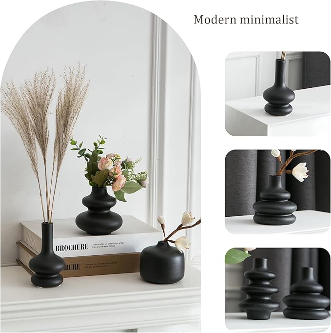 JOJUNO Black Bud Vases, Small Ceramic Vase Set of 5, Mini Pottery Vases for Flowers, Decorative Vases for Home Modern Decor, Boho Decor, Chic Vases for Living Room Dining Table Shelves