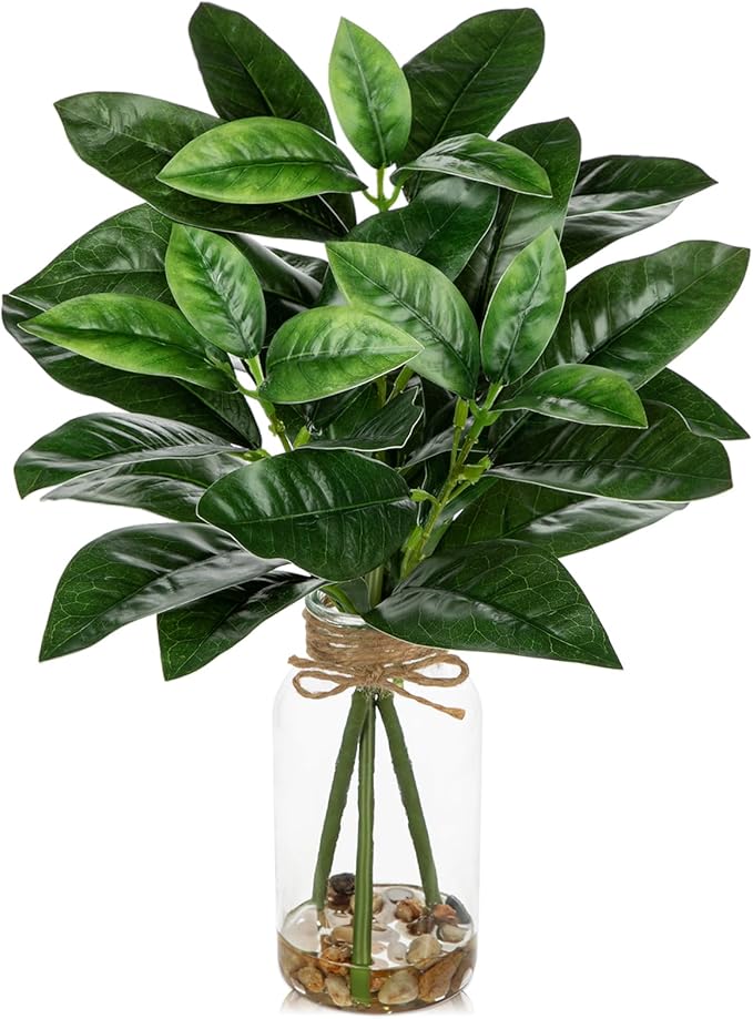 DILATATA Artificial Magnolia Stems in Glass Vase with Faux Water and Real Stones 15" Fake Greenery Plant Magnolia Leaves for Home Office Farmhouse Bathroom Bedroom Kitchen Table Centerpiece Decor