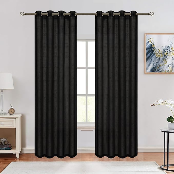 Sheer Curtains Faux Linen Semi Voile Light Filtering Drapes Pair for Bedroom Living Room, Set of 2 Grommet Top Window Curtain Panels (Each 54 x 63 Inch,Black)