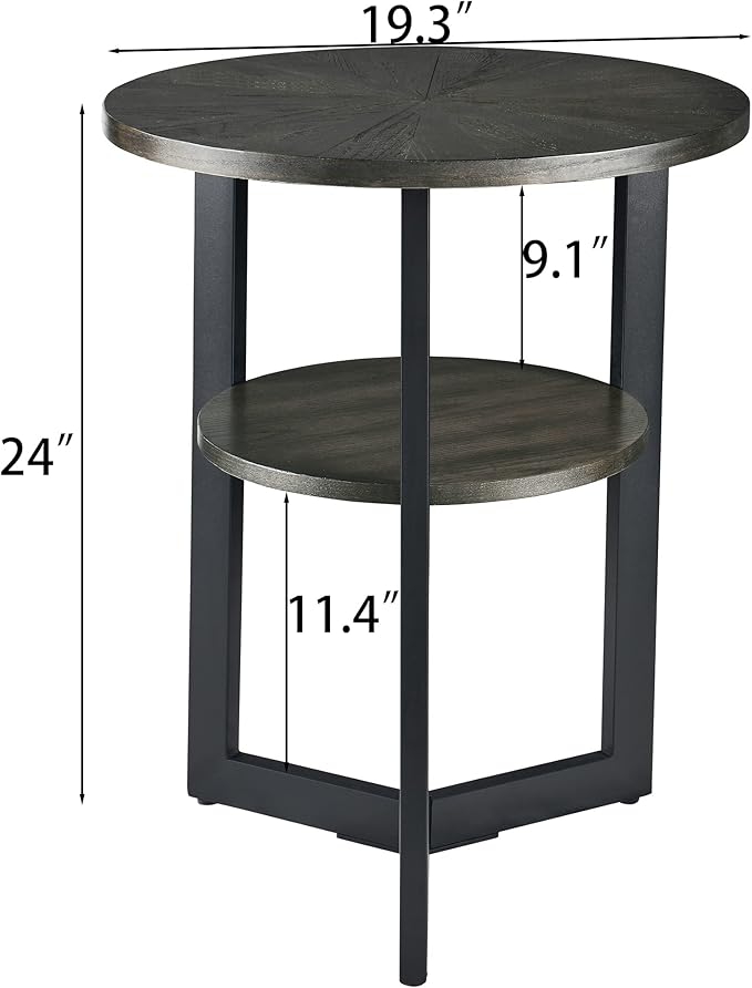 LEEMTORIG Round Side Table, 2-Tier End Table Nightstand with Metal Legs, Modern Bedside Couch Accent Table for Living Room, Bedroom, Office, Rustic Black/Black, 19.3 x 19.3 x 24 inches BZ-1338-BK